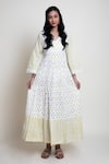 Buy_Abbaran_Yellow Cotton Cambric Block Print V Neck Floral Dress _at_Aza_Fashions