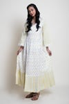 Abbaran_Yellow Cotton Cambric Block Print V Neck Floral Dress _Online_at_Aza_Fashions
