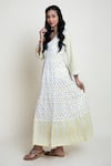 Buy_Abbaran_Yellow Cotton Cambric Block Print V Neck Floral Dress _Online_at_Aza_Fashions