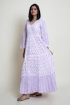 Abbaran_Purple Cotton Cambric Printed Block V Neck Floral Dress _Online_at_Aza_Fashions