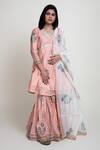 Abbaran Peach Chanderi Block , Foil V Neck Kurta Gharara Set Online at Aza Fashions Abbaran_Peach Chanderi Block , Foil V Neck Kurta Gharara Set _Online_at_Aza_Fashions
