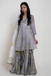 Abbaran_Grey Chanderi Printed Block V Neck Kurta Gharara Set _Online_at_Aza_Fashions