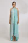 Amit Aggarwal_Grey Organza Striper Halter Neck Asymmetric Dress _at_Aza_Fashions
