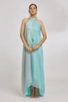 Buy_Amit Aggarwal_Grey Organza Striper Halter Neck Asymmetric Dress _Online_at_Aza_Fashions