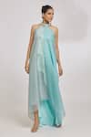 Shop_Amit Aggarwal_Grey Organza Striper Halter Neck Asymmetric Dress _Online_at_Aza_Fashions