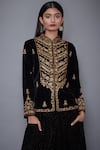RI.Ritu Kumar_Black Crushed Velvet Mandarin Collar Hand Embroidered Top _at_Aza_Fashions