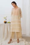 Dhaari_Beige Cotton Silk Kantha V Neck Handwoven Embriodered Kurta  _Online_at_Aza_Fashions