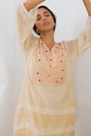 Buy_Dhaari_Beige Cotton Silk Kantha V Neck Handwoven Embriodered Kurta  _Online_at_Aza_Fashions