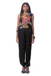 Buy_AK-OK_Black 100 % Pure Silk And Lycra Floral Print V Neck Patch Top & Joggers Set_at_Aza_Fashions