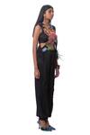 AK-OK_Black 100 % Pure Silk And Lycra Floral Print V Neck Patch Top & Joggers Set_Online_at_Aza_Fashions