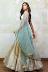 Buy_Izzumi Mehta_Blue Lehenga And Blouse Brocade Dupatta Net V Neck Embroidered Bridal Set _at_Aza_Fashions