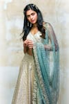 Shop_Izzumi Mehta_Blue Lehenga And Blouse Brocade Dupatta Net V Neck Embroidered Bridal Set _at_Aza_Fashions