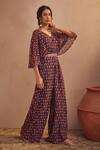 Buy_Aneesh Agarwaal_Blue Chinon Chiffon Ikat Print, Mirror And Thread V Neck Jumpsuit _at_Aza_Fashions