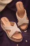 Buy_Around Always_Peach Pearls Embroidered Velvet Platform Wedges _at_Aza_Fashions