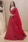 Buy_Kalighata_Red Organza Floral Sweetheart Neck Embroidered Bridal Lehenga Set _at_Aza_Fashions
