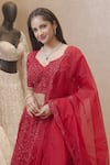 Kalighata_Red Organza Floral Sweetheart Neck Embroidered Bridal Lehenga Set _Online_at_Aza_Fashions