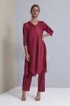 Buy Scarlet Sage Red 100% Polyester V Neck Zola Chevron Pleated Tunic And Pant Set at Aza Fashions Buy_Scarlet Sage_Red 100% Polyester V Neck Zola Chevron Pleated Tunic And Pant Set_at_Aza_Fashions