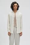 Terra Luna_Off White 100% Organic Handloom Cotton Plain Puck Mandarin Collar Shirt _Online_at_Aza_Fashions