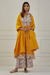 Musal_Yellow 100% Cotton Printed Floral Band Collar Basant And Bandhani Anarkali Set _at_Aza_Fashions