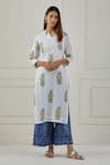 Musal_Blue 100% Cotton Printed Floral V Neck Neel Kurta Pant Set _Online_at_Aza_Fashions