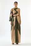 Buy_Echo By Tanya Arora_Beige Imported Crepe Round Asymmetric Sleeve Maxi Dress  _Online_at_Aza_Fashions