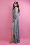 suruchi parakh_Grey Georgette Lining Shantoon Embellishment Thread Round Dress And Jacket Set_Online_at_Aza_Fashions