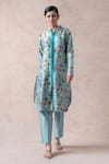 Thetaa_Sky Blue Dupion Silk Floral Band Collar Kurta Set _Online_at_Aza_Fashions