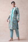 Buy_Thetaa_Sky Blue Dupion Silk Floral Band Collar Kurta Set _Online_at_Aza_Fashions