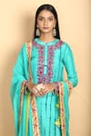 Shop_Vikram Phadnis_Blue Kurta Tie-dye Silk Embroidery Thread Mandarin Collar Set _at_Aza_Fashions