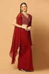 Shop_Two Sisters By Gyans_Maroon Chiffon Embroidery, Mirrors Round Neck Cape And Pre-draped Saree Set _Online_at_Aza_Fashions