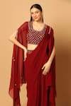 Two Sisters By Gyans_Maroon Chiffon Embroidery, Mirrors Round Neck Cape And Pre-draped Saree Set _at_Aza_Fashions