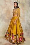 Sue Mue_Yellow Raw Silk Embroidery V Neck Embellished Lehenga Set _Online_at_Aza_Fashions