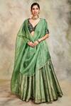 Buy_Sue Mue_Green Tissue Embroidery V Neck Lehenga Set _at_Aza_Fashions