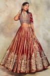 Sue Mue_Maroon Tissue Embroidery V Neck Lehenga Set _Online_at_Aza_Fashions