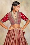 Shop_Sue Mue_Maroon Tissue Embroidery V Neck Lehenga Set _Online_at_Aza_Fashions