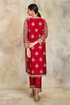 Shop_Sue Mue_Maroon Raw Silk Embroidery Notched Kurta Set _at_Aza_Fashions