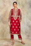 Sue Mue_Maroon Raw Silk Embroidery Notched Kurta Set _Online_at_Aza_Fashions