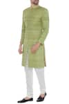 Buy_Khanijo_Green Handloom Silk Plain Mint Solid Achkan With Printed Lining  _at_Aza_Fashions