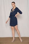 AMRTA by GUNEET KONDAL_Blue 100% Viscose Moss Crepe Embroidery Sequin And Tie Up Front Shirt Dress _Online_at_Aza_Fashions