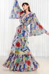 Buy_Mandira Wirk_Multi Color Chiffon Printed Hibiscus V Neck Ruffle Gown _Online_at_Aza_Fashions