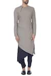 Shop_Antar Agni_Grey Linen Blend Solid Asymmetric Kurta _Online_at_Aza_Fashions