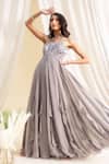 Buy_Silky Bindra_Grey Tulle, Georgette, Shantoon Sweetheart Neck Embellished Ruffled Anarkali _at_Aza_Fashions