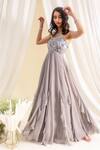 Shop_Silky Bindra_Grey Tulle, Georgette, Shantoon Sweetheart Neck Embellished Ruffled Anarkali _at_Aza_Fashions