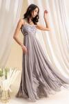 Silky Bindra_Grey Tulle, Georgette, Shantoon Sweetheart Neck Embellished Ruffled Anarkali _Online_at_Aza_Fashions