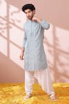 Buy_Kora By Nilesh Mitesh_Blue Rayon Embroidered Mirror Work Pathani Kurta Set _at_Aza_Fashions