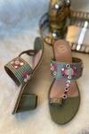 Modanta Footwear_Green Embroidery Mirror Kolhapuri Block Heels _Online_at_Aza_Fashions