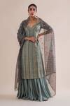 Ekaya_Green Silk V Neck Handwoven Gharara Set  _Online_at_Aza_Fashions