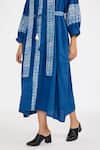 Jayati Goenka_Blue Hand Block Print Checkered V Neck Puffed Sleeve Dress _Online_at_Aza_Fashions