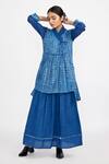 Jayati Goenka_Blue Cotton Handblock Print Checkered High Low Tunic And Skirt Set _Online_at_Aza_Fashions