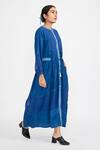 Jayati Goenka_Blue Cotton Handblock Print Checks Band Collar Tiered Panelled Dress _Online_at_Aza_Fashions